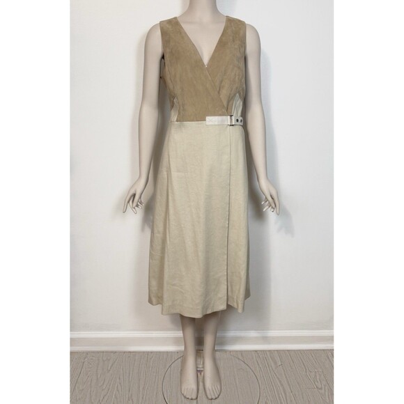 Lafayette 148 Leather Combo Wrap Dress A-Line w Buckle Beige Linen-Blend size 10 - Picture 2 of 16